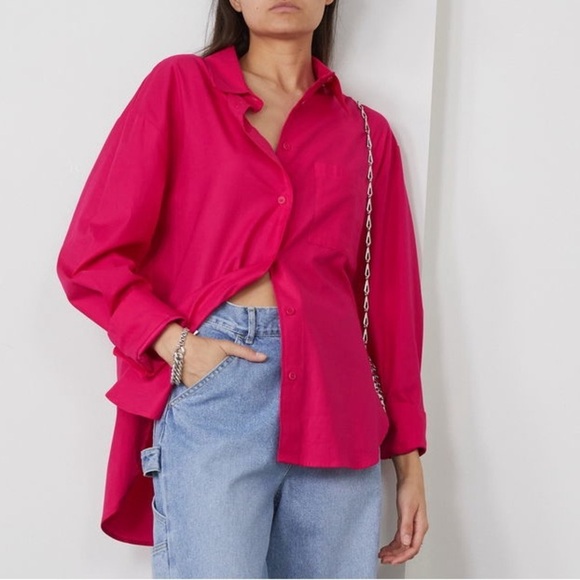 REFORMATION Will Organic Cotton Blend Poplin Shirt In Bright Pink - Picture 1 of 7